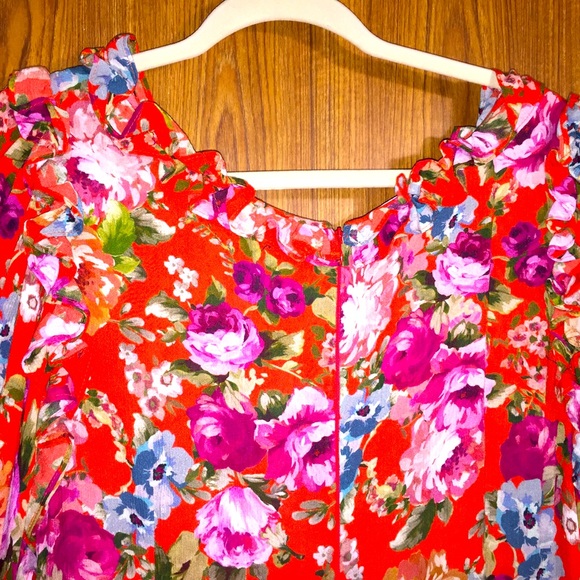 ICONS Objects of Devotion Floral Dress puff sleeve Red Pink Ruffle Neckline Hem - Picture 5 of 15
